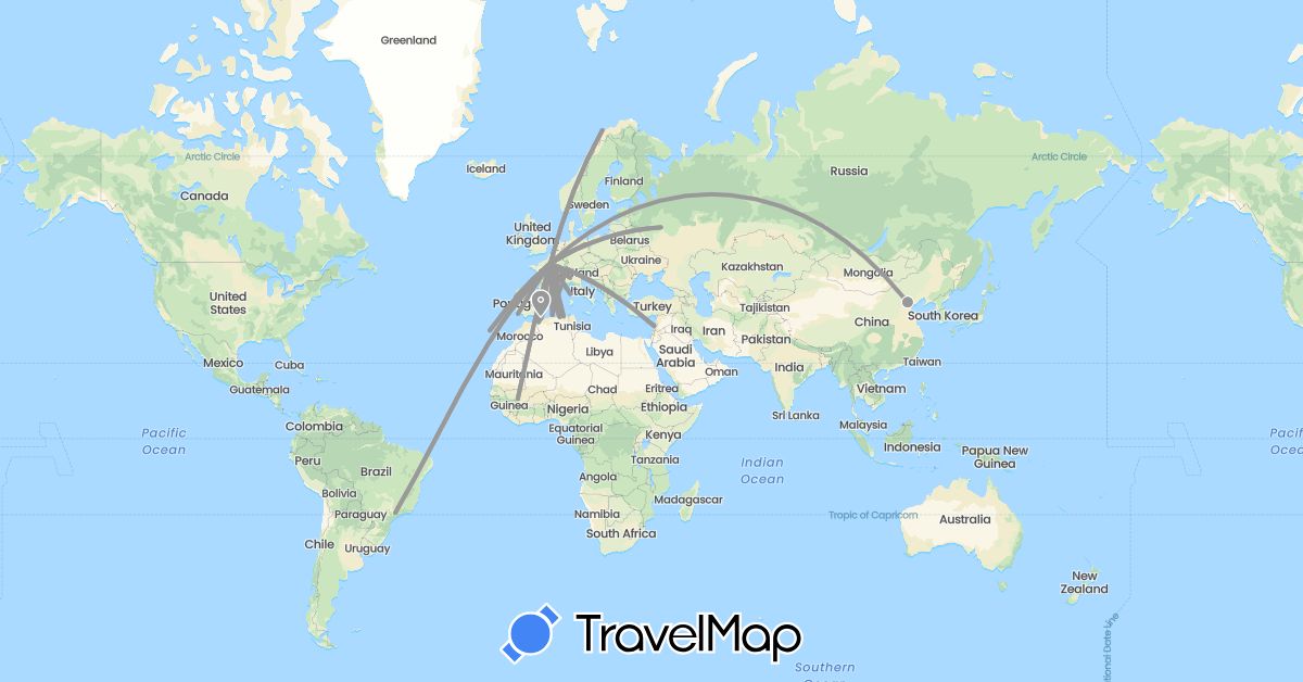 TravelMap itinerary: plane in Brazil, China, Germany, Algeria, France, Italy, Lebanon, Mali, Norway, Portugal, Russia (Africa, Asia, Europe, South America)